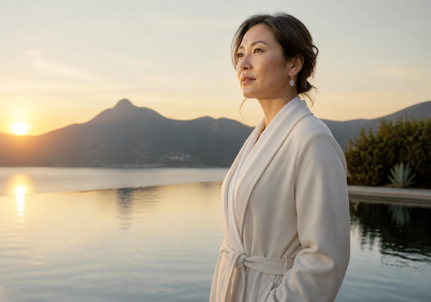 Woman reflecting beside calm water at sunrise