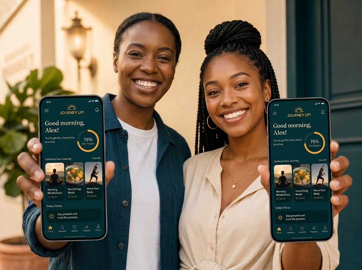 A smiling man and woman holding phones showing the Journey Up! dashboard