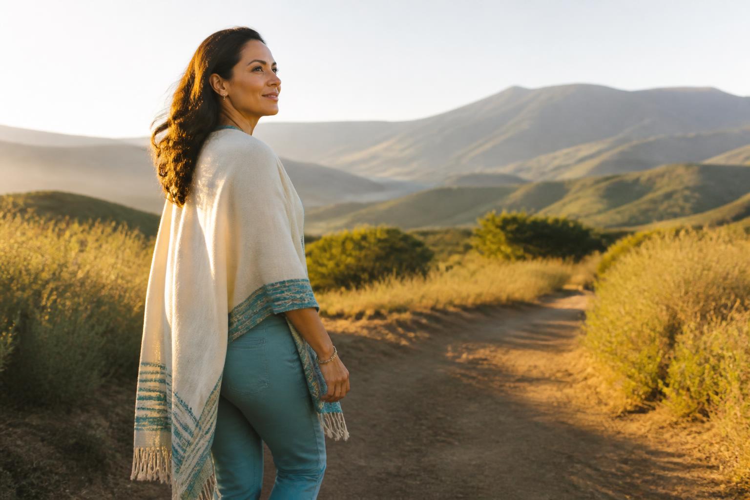 Woman walking confidently along a sunlit path