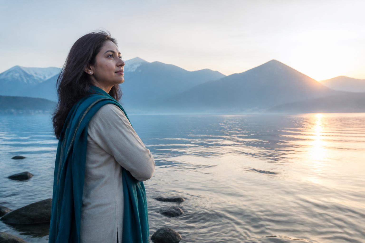 Woman reflecting beside calm water at sunrise