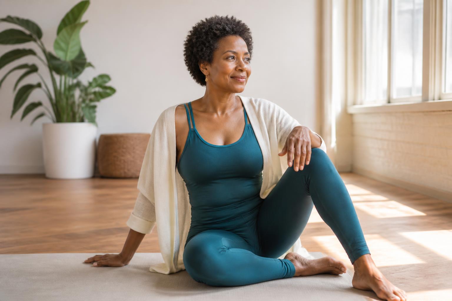 Woman practicing daily wellbeing in a bright studio