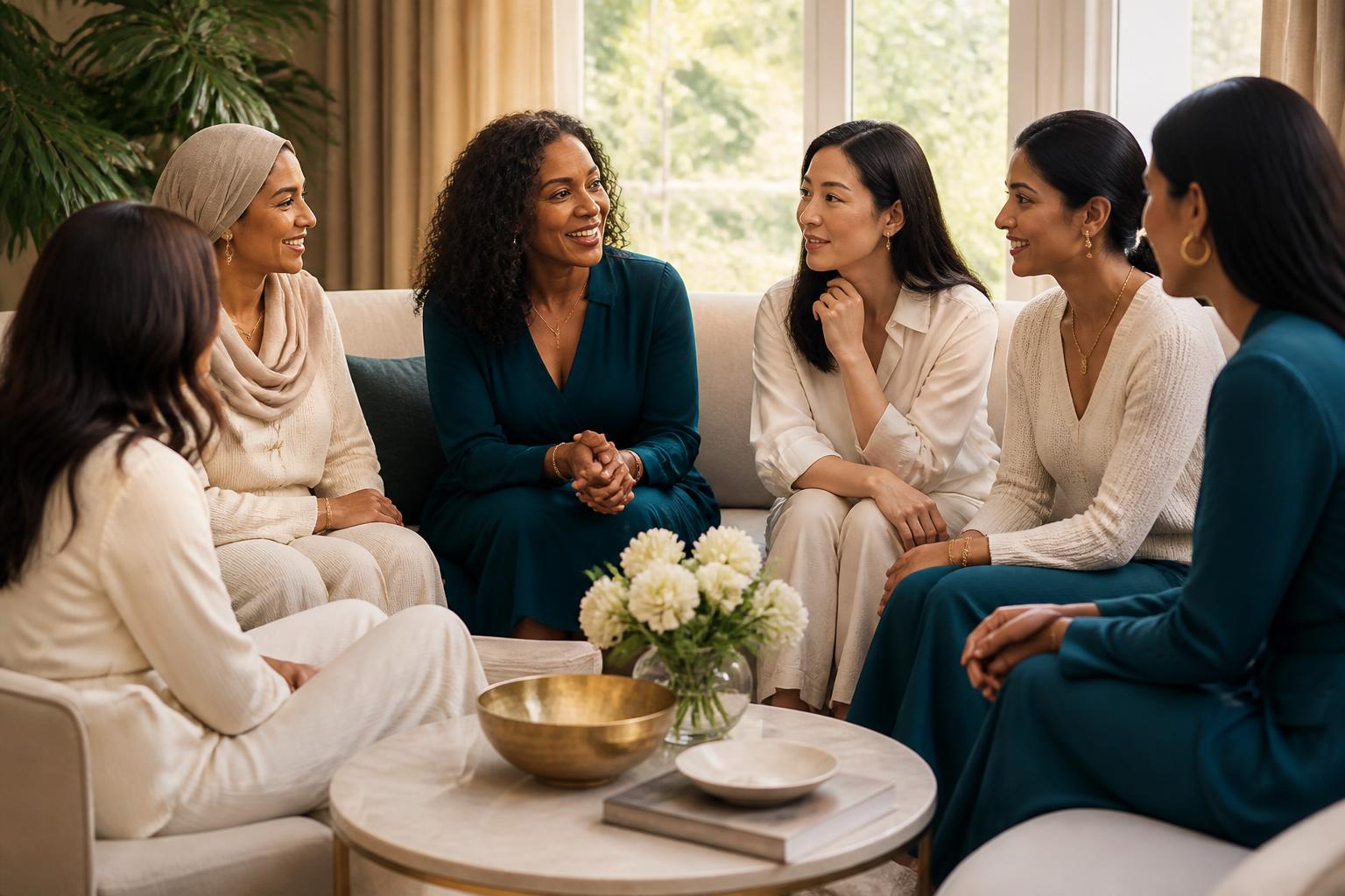 A circle of women gathered together, talking and laughing